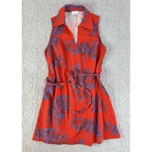 Signature Robbie Lee Belted Linen Blend Red Tropical Print Dress / Size 1X